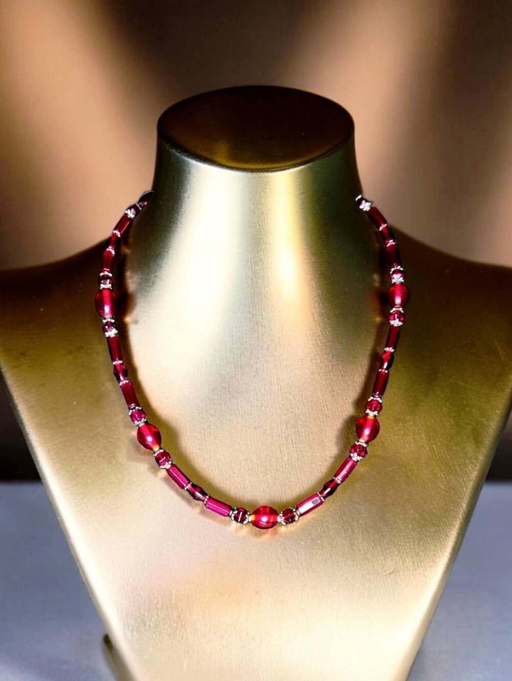 Vintage Cranberry Glass Beaded Necklace